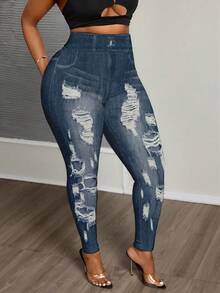 Slaydiva Plus Size Women's Textured Print Leggings, Suitable For Music Festival Outfits - Blue - View 6
