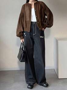 FRIFUL Women's Casual Loose Metal Button Decor Jacket, Versatile For Spring & Summer - Brown - View 4