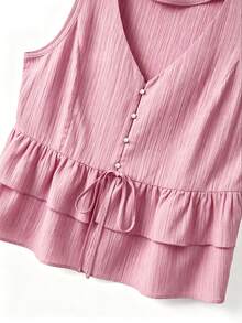 GlowEve CURVE Plus Size Women's Solid Color Textured Jacquard V-Neck Sleeveless Blouse, Ruffle Tie Bow Vacation Shirt - Dusty Pink - View 6