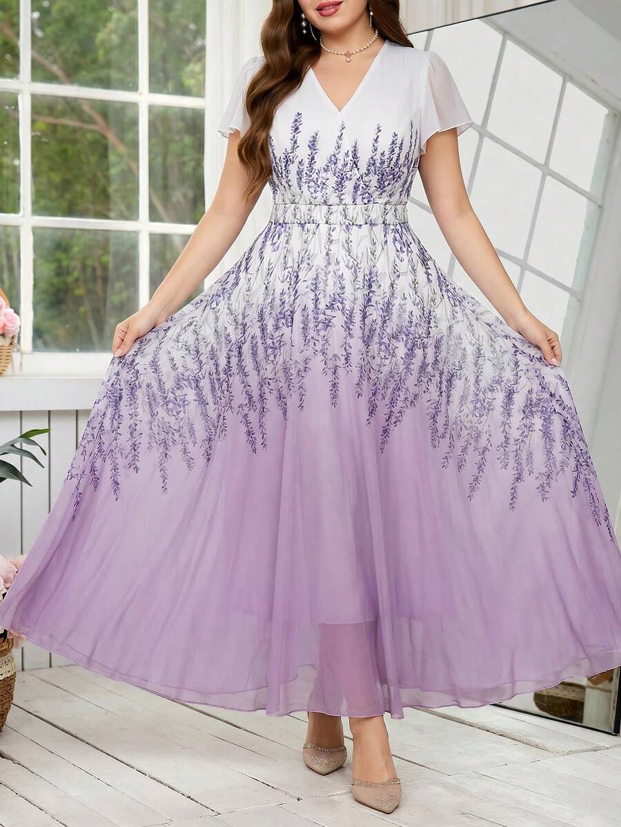 Reflora 大码女士优雅印花连衣裙，夏季婚礼宾客礼服