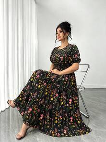 Elenzga Plus Size Women's Short Sleeve Elegant Floral Print Elastic Waist Layered A-Line Dress, Suitable For Spring And Summer - Black - View 6