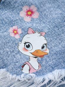SHEIN 少女水洗鸭纹毛边口袋牛仔短裤 - 淺色水洗藍 - 查看 9