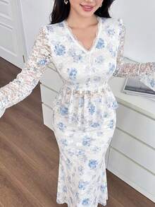 Modelyn V领优雅蕾丝收腰长袖荷叶边袖口鱼尾裙两件套女装；女士花卉蕾丝套装两件套；女士花卉蕾丝两件套；女士花卉两件套套装；女士花卉裤装两件套；蕾丝拼接上衣；荷叶边花卉蕾丝上衣和裙子 - 白色 - 查看 3