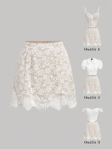 SHEIN MOD Chân váy ngắn nữ thời trang thêu ren phối nhiều lớp, thích hợp cho các buổi hẹn hò và lễ hội âm nhạc. - trắng - Xem 2
