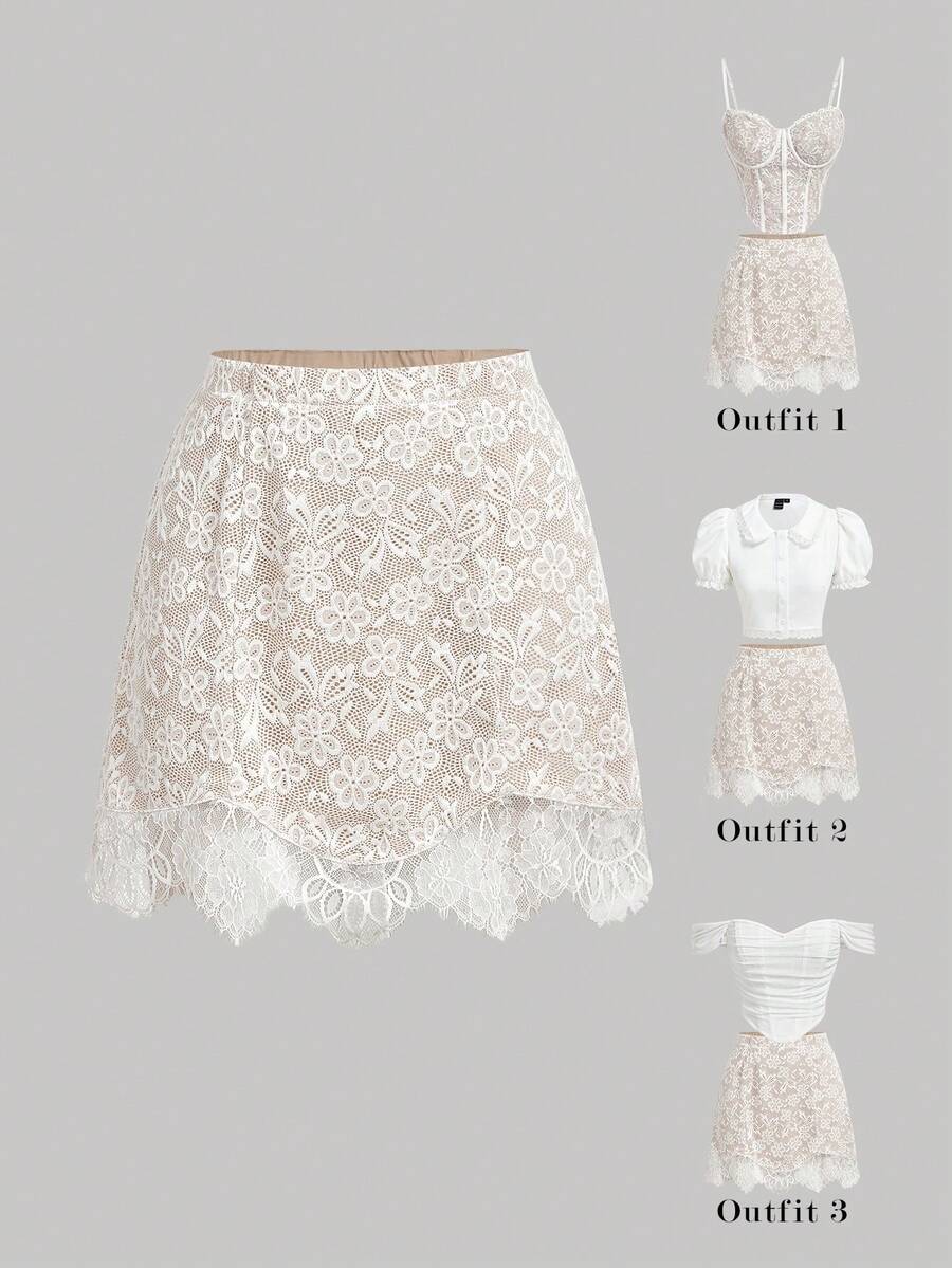 SHEIN MOD 女士时尚刺绣蕾丝拼接迷你裙，适合约会和音乐节穿着 - 白色 - 查看 1