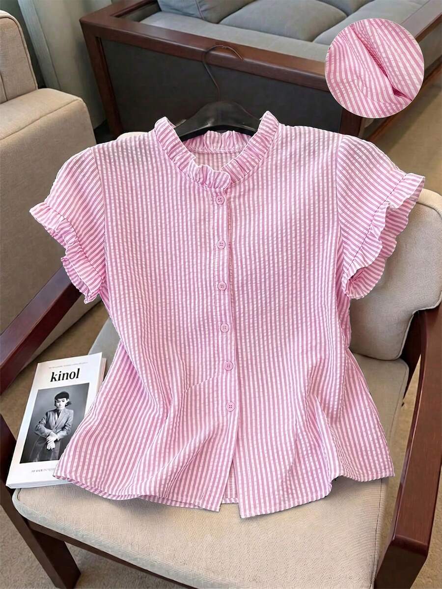 Franclia Women's Striped Print Ruffle Front Button Casual Short Sleeve Shirt - Pink - View 1