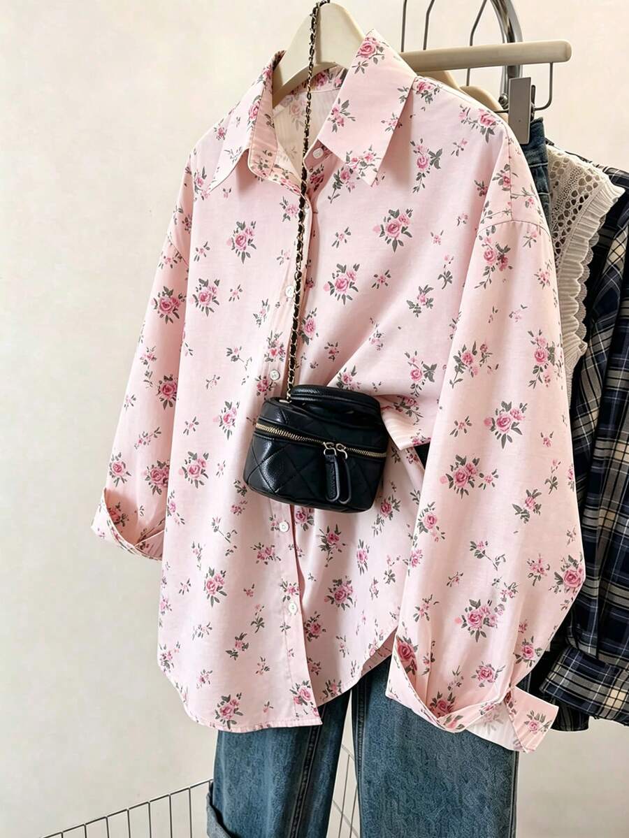 Resyla Camisa de mujer de manga larga con estampado floral, de un solo pecho, casual y versátil para uso diario - Multicolor - Ver 1