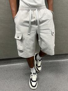 Manfinity Hypemode Men's Textured Drawstring Waist Casual Cargo Shorts With Pockets, Holiday - Light Grey - View 4