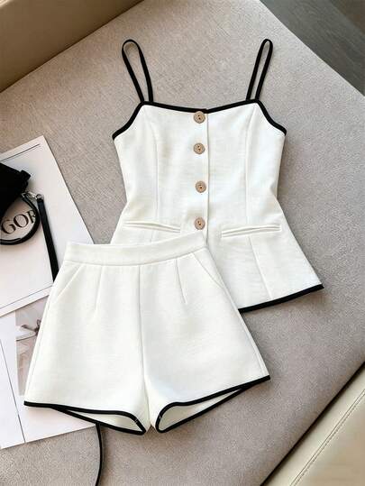 Franclia New 2-Piece Set For Women, Summer Outfit, Holiday Wear, Casual Minimalist Style, Sleeveless Top & Shorts Set, White Color, Suitable For Spring/Summer
