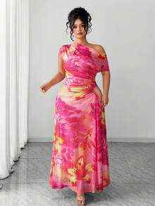 Elenzga Plus Size Women's Vibrant Multi-Color Floral Print Elegant Off-Shoulder Maxi Dress - Pink - View 5