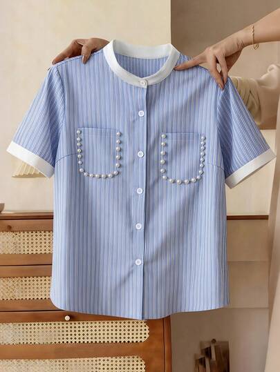 SHEIN Casual Striped Contrast Color Pearl Decor Pocket Short Sleeve Shirt, Women's Formal Blouse, Summer Top, Vacation, Back To School & Graduation Season, Basic Wear