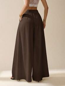 SHEIN Tall 女士纯色褶裥口袋宽松阔腿裤 - 棕色 - 查看 2