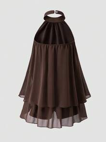 SHEIN Summer Brown Elegant Tight Party Chiffon Short Dress Set For Tween Girls,High-Neck Halter Backless Design,Double-Layer Ruffled A-Line Flowy Silhouette - Brown - View 2