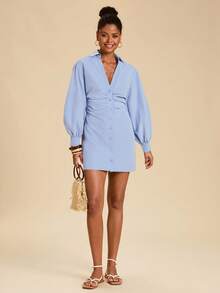 Travachic Women's Solid Color Pleated Single-Breasted Casual Date Party Long Sleeve Mini Dress,Shirt Dress, Work Outfit,Elegant Dresses For Women,Summer Dress - Blue - View 7