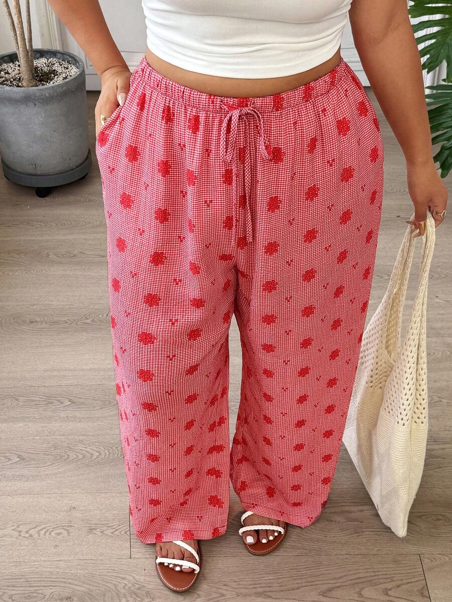 SHEIN EZwear 大码女式休闲格子印花抽绳腰带口袋长裤 - 紅色 - 查看 1
