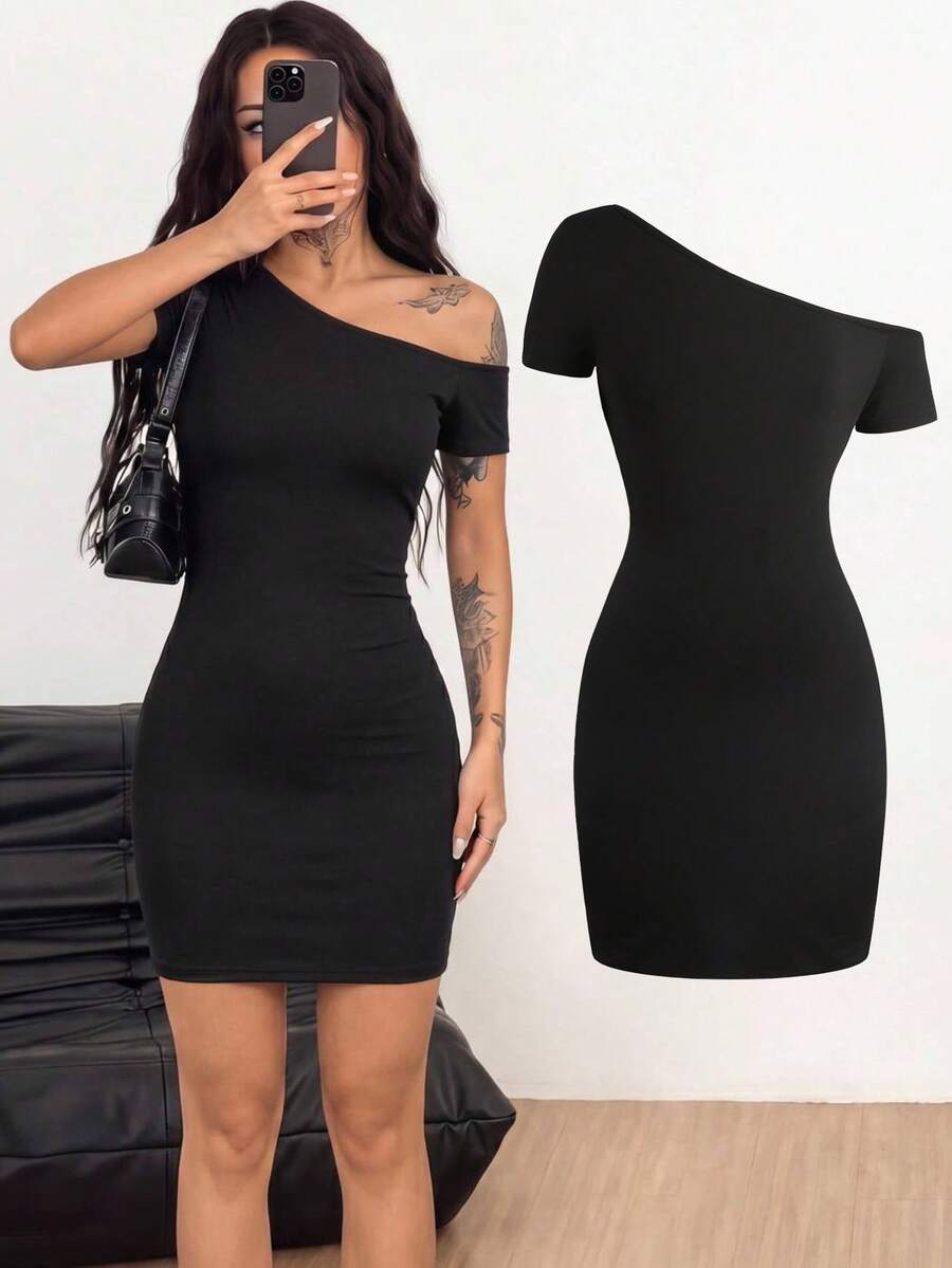 SHEIN Vestido mini asimétrico con hombros fruncidos para vacaciones de chicas adolescentes, verano - Negro - Ver 1