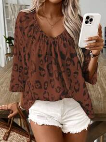 Louniche Women's Leopard Print Bohemian Style V-Neck Ruched Loose Blouse - Brown - View 3