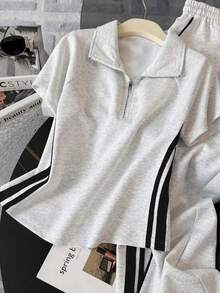 Resyla Stand Collar Raglan Short Sleeve Top + Casual Long Pants - Light Grey - View 4