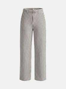 lacRébo Pantalones de pierna ancha de talle alto a rayas en blanco y negro con cinturón y hebilla de tela propia, estilo francés primavera verano, estilo parisino, atuendo de trabajo de oficina elegante - Multicolor - Ver 6