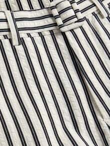 lacRébo Pantalones de pierna ancha de talle alto a rayas en blanco y negro con cinturón y hebilla de tela propia, estilo francés primavera verano, estilo parisino, atuendo de trabajo de oficina elegante - Multicolor - Ver 9