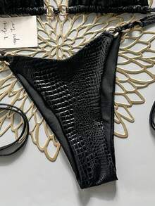 Swim Vcay Swim SXY 2件組金屬質感面料金色環飾三角胸罩與側綁比基尼泳褲性感女式比基尼泳裝套裝，春季/夏季 - 黑色 - 查看 6