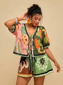 Travachic Plus Size Women Summer Plaid & Print Shorts Set, Front Tie Bow Blouse And Shorts Comfortable 2-Piece Outfit - Army Green - View 1