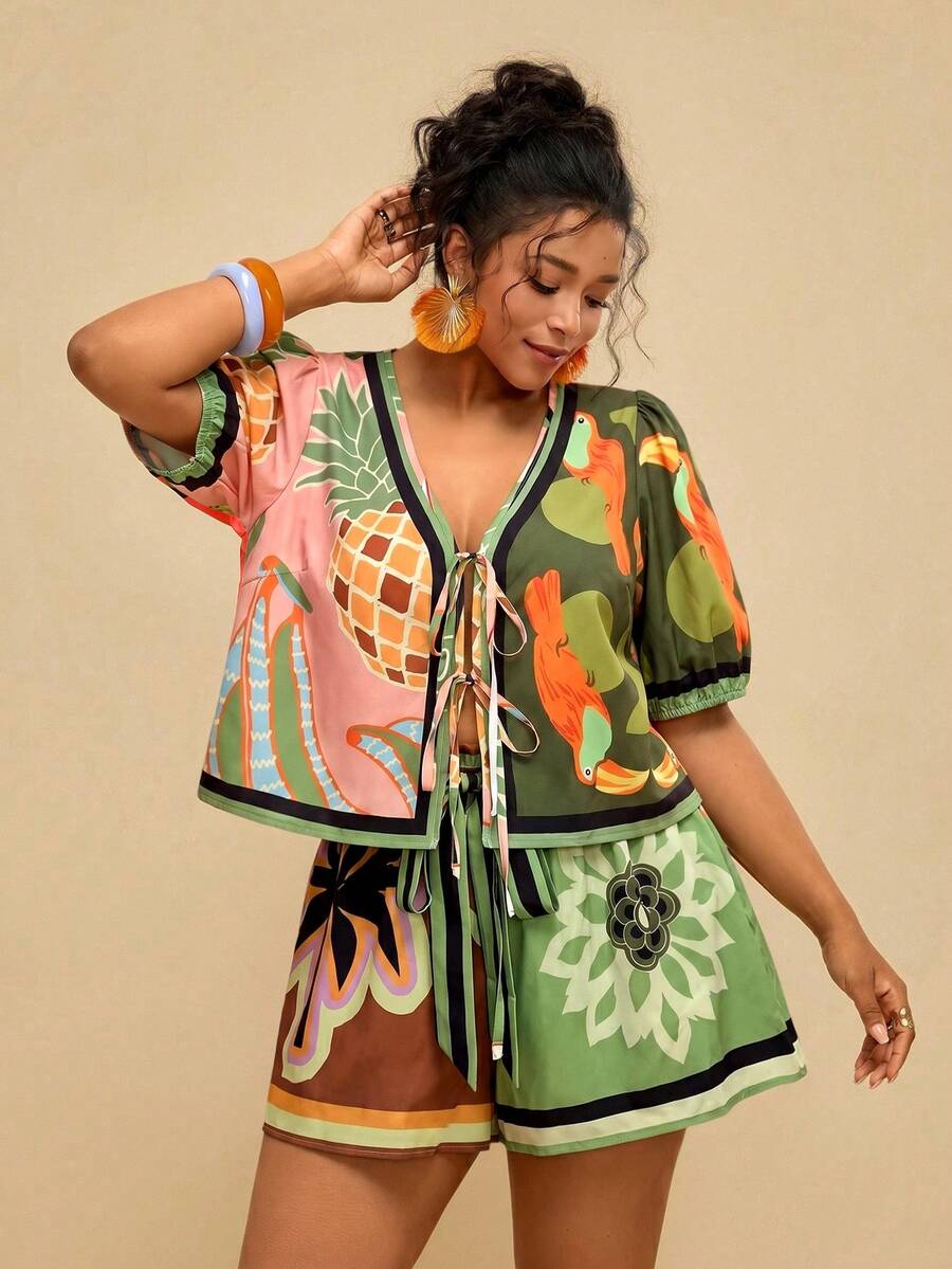 Travachic Plus Size Women Summer Plaid & Print Shorts Set, Front Tie Bow Blouse And Shorts Comfortable 2-Piece Outfit - Army Green - View 1