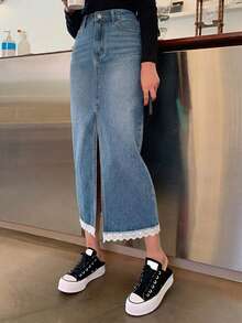 DAZY Chân váy denim nữ dáng suông xẻ tà, kiểu dáng thường ngày, chất liệu denim mài. - Màu xanh lam - Xem 3