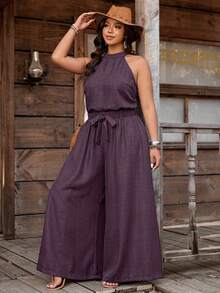 Nubod Conjunto de 2 piezas de top halter con efecto de mezclilla + pantalones de pierna ancha en talla grande - Rojo violeta - Ver 1