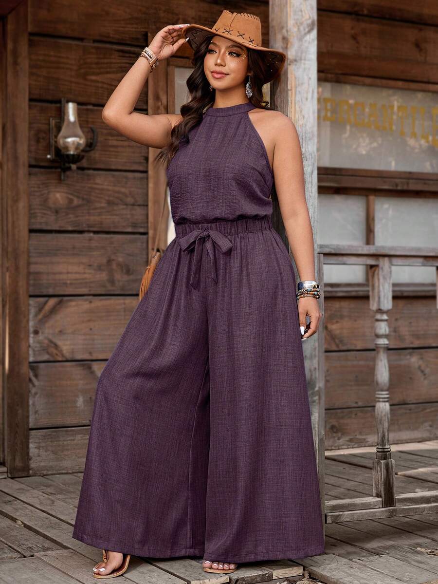 Nubod Conjunto de 2 piezas de top halter con efecto de mezclilla + pantalones de pierna ancha en talla grande - Rojo violeta - Ver 1