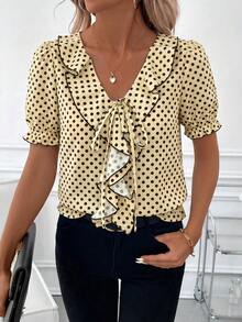 SHEIN Clasi Damen Bluse mit Blütenärmeln, Polka Dot Kontrastbesatz, Rüschenkragen, elegant - Gelb - Übersicht 5