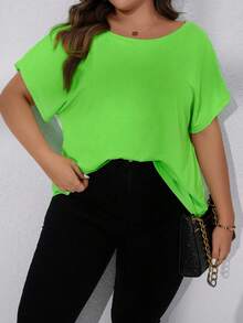 Plus Solid Batwing Sleeve Tee - Green - View 4