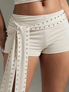 Denimoi Studded Tie Waist Hot Shorts Sexy Shorts Micro Mini Shorts Concert Outfits Vacation Outfits - Beige - View 3