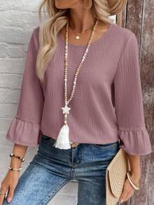 EMERY ROSE Blusa de mujer de unicolor con cuello redondo y textura para vacaciones - Rosa vieja - Ver 7