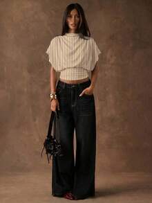 SHEIN BAE Áo thun nữ dáng rộng kẻ sọc tay cánh dơi, thắt eo, thích hợp cho mùa hè. - Màu Khaki - Xem 5
