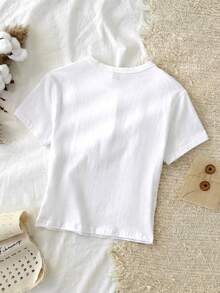 SHEIN EZwear Áo thun nữ cổ tròn dáng ôm, chất liệu 95% cotton, thêu hoa, trang phục thường ngày cho nữ. - Nhiều màu - Xem 2