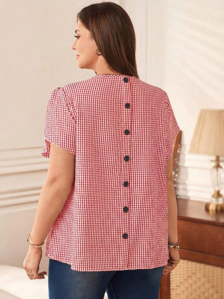 Plus Size Women's Summer Casual Vacation Country Red Plaid Round Neck Short Sleeve Blouse Top Shirt With Button Decor, Spring/Summer\Vacation,Summer\Vacation,Summer Holiday,Spring Break Outfits ,Vacation Outfits Women ,Holiday Outfits For Women,Going Out Outfits,New Clothes,Simple And Fashionable For Everyday Wear,Suitable For Summer, Vacation, Daily Wear, Plus Size Short Sleeve Tops