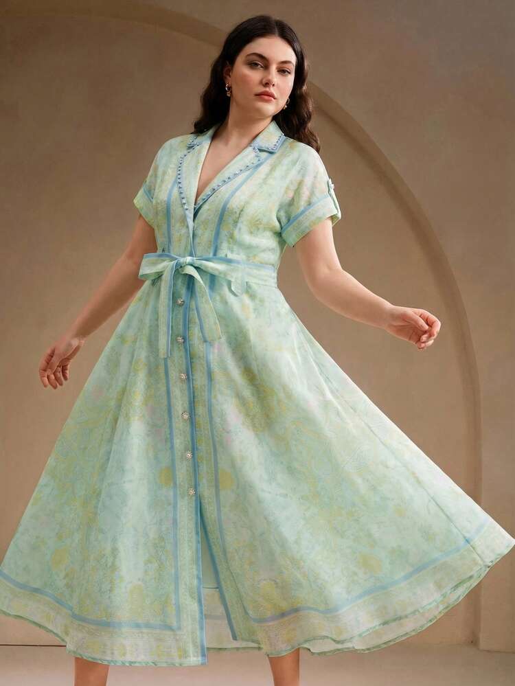 Spring/Summer Elegant Light Green V-Neck Short Sleeve Tie Waist Midi Boho Vacation Dress, Plus Size