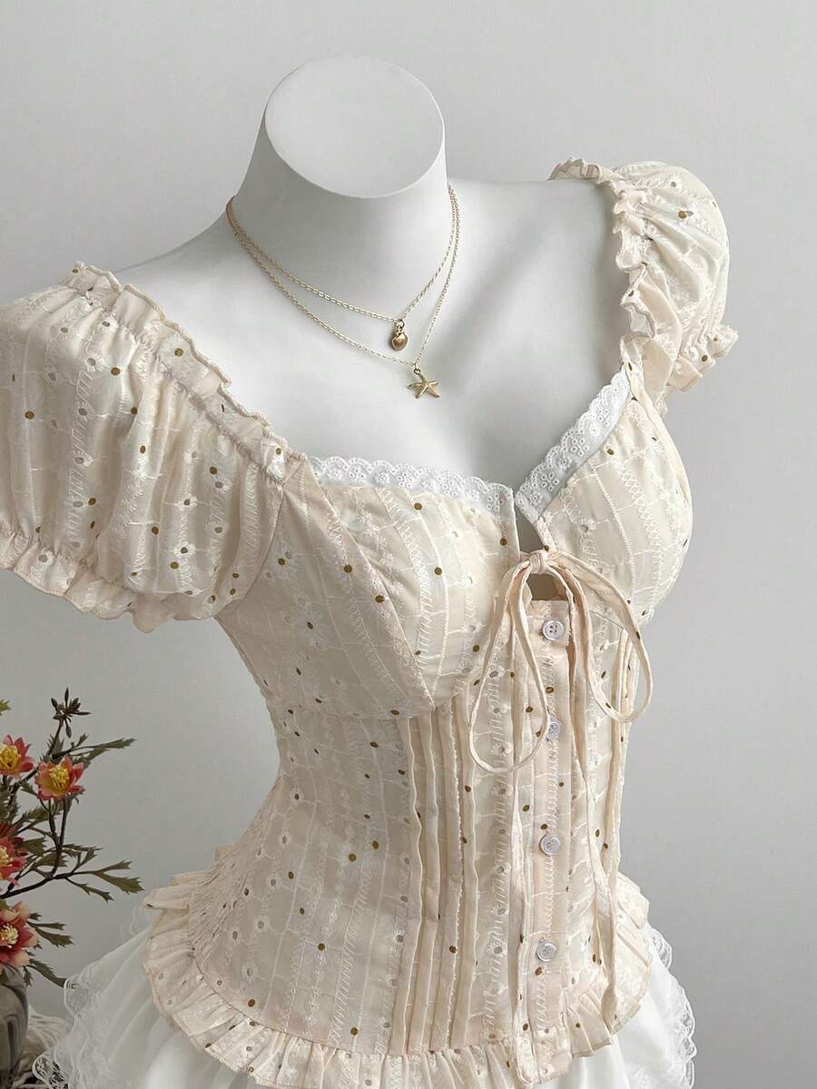 Elamini 女款夏季休閒度假風荷葉邊刺繡泡泡袖短版上衣 - 杏色 - 查看 1