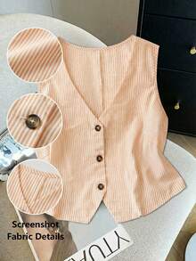 SHEIN LUNE Damen Große Größen Gestreifte V-Ausschnitt Einreiher Baumwollweste, Orange Sommer Smart Casual Alltag Bohemian Knopfhemd, Elegant Ärmellos - Gelb - Übersicht 1