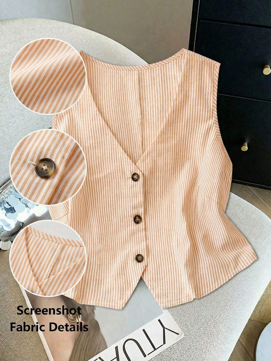 SHEIN LUNE Damen Große Größen Gestreifte V-Ausschnitt Einreiher Baumwollweste, Orange Sommer Smart Casual Alltag Bohemian Knopfhemd, Elegant Ärmellos - Gelb - Übersicht 1
