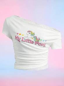 My Little Pony X SHEIN Áo thun nữ tay ngắn cổ lệch in chữ và hoạt hình - trắng - Xem 1