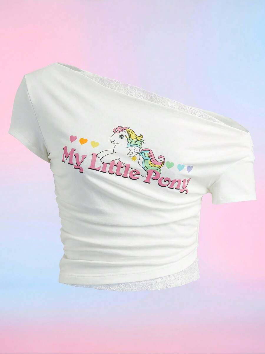 My Little Pony X SHEIN Áo thun nữ tay ngắn cổ lệch in chữ và hoạt hình - trắng - Xem 1