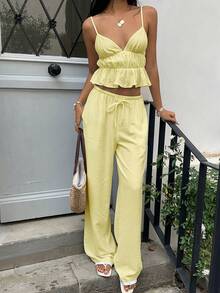 2-Piece Set Of White Linen Tank Top With V-Neck And Ruffled Hem, And Low-Waisted Fringed Trousers, Dress Set - Yellow - View 5