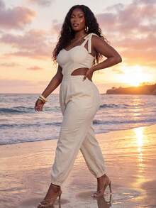 Veslaya Bộ jumpsuit cỡ lớn dành cho nữ mùa Xuân/Hè 2026, thích hợp cho các dịp lễ hội âm nhạc, Lễ Phục Sinh, Phong cách miền Tây, Du mục, Tiệc sinh nhật, Lễ tốt nghiệp, Đại học, Sinh viên, Thường ngày, Cơ bản, Giải trí, Kỳ nghỉ, Du thuyền, Bãi biển, Tắm nắng, Phong cách thịnh hành, Thời trang đường phố, Khách dự đám cưới, Đi làm, Ăn trưa muộn, Sân bay, Tiệc tùng, Đi chơi ngày lễ, Tiệc chiêu đãi sang trọng, Dạ hội, Thường ngày, Bộ jumpsuit không tay cổ tim thắt eo khoét rỗng tinh tế - Màu be - Xem 5