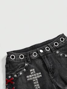 ROMWE Grunge Punk 女士朋克性感铆钉交叉串珠迷你低腰牛仔短裤 - 灰色 - 查看 3