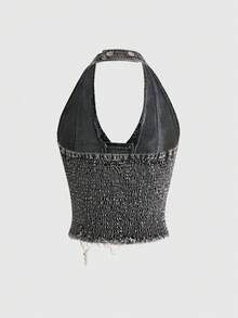 ROMWE Avant Áo crop top denim gợi cảm kiểu dáng thể thao Y2K retro dành cho nữ, chất liệu jersey, phối cùng áo thun ba lê, in logo đồ họa và dây buộc, cạp thấp. - Xám - Xem 2