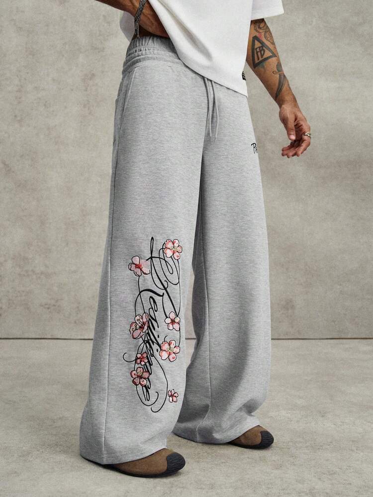PAVTROS Men's Floral Embroidery Drawstring Waist Loose Casual Sweatpants Wide Leg - Grey - View 1