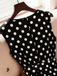 Formidée Plus Size Women's Vintage Elegant Polka Dot Print Sleeveless Belted Dress, Summer - Black and White - View 6