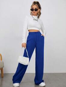 EURMUSE Pantalones regulares de uso diario simples para mujer en unicolor - Azul - Ver 4